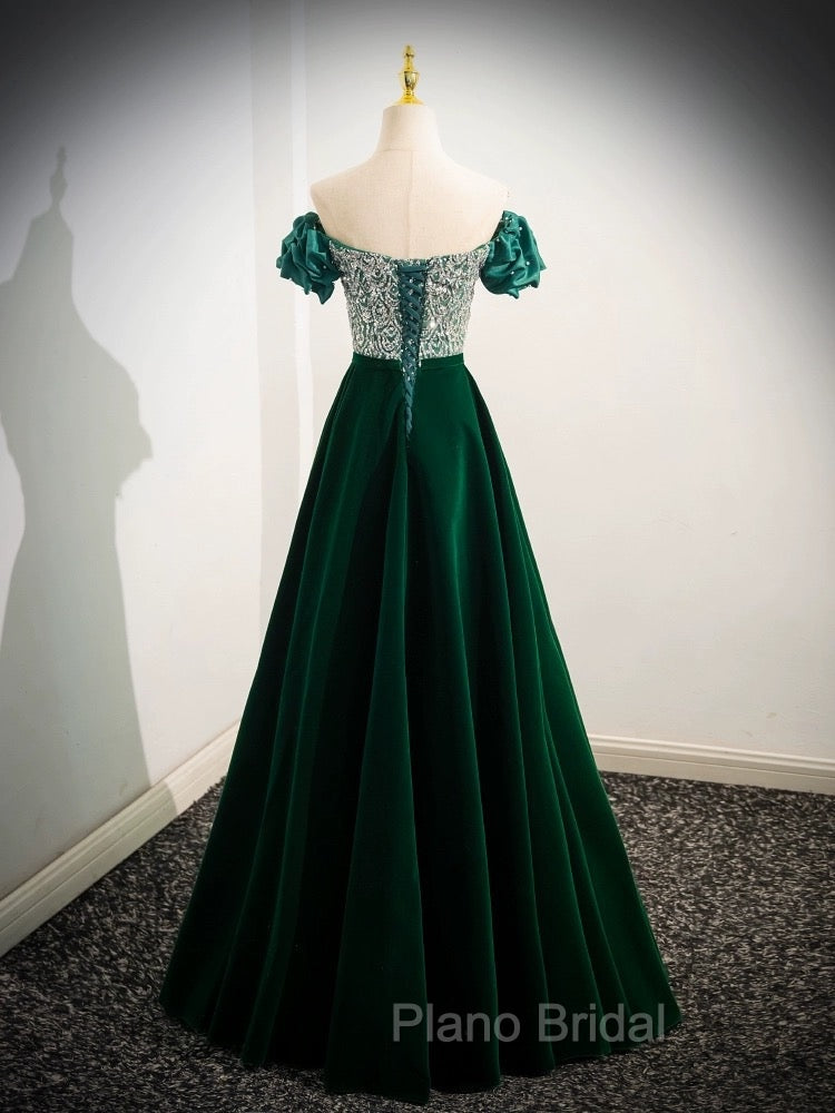 A-Line Velvet Sequin Beads Green Long Formal Prom Dresses, Green Velvet Long Formal Dresses
