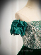 A-Line Velvet Sequin Beads Green Long Formal Prom Dresses, Green Velvet Long Formal Dresses