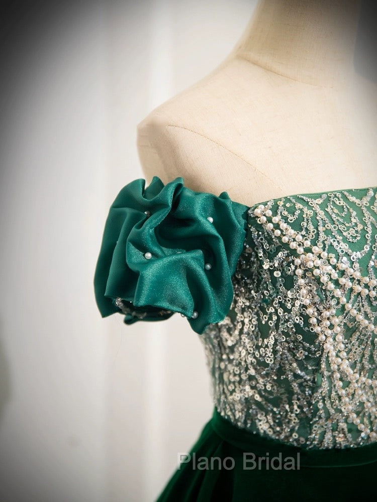 A-Line Velvet Sequin Beads Green Long Formal Prom Dresses, Green Velvet Long Formal Dresses