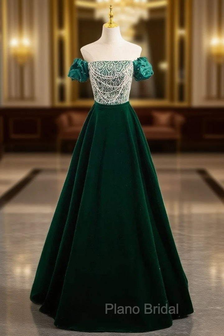 A-Line Velvet Sequin Beads Green Long Formal Prom Dresses, Green Velvet Long Formal Dresses Main image