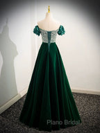 A-Line Velvet Sequin Beads Green Long Formal Prom Dresses, Velvet Green Long Formal Dresses