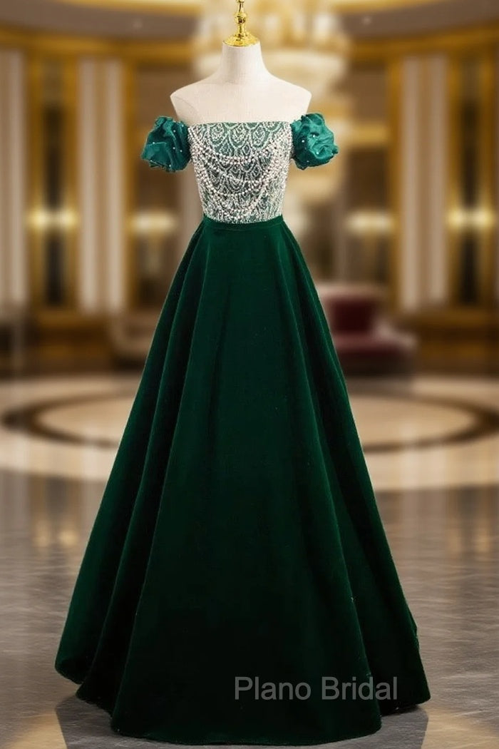 A-Line Velvet Sequin Beads Green Long Formal Prom Dresses, Velvet Green Long Formal Dresses Main image