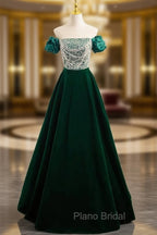 A-Line Velvet Sequin Beads Green Long Formal Prom Dresses, Velvet Green Long Formal Dresses