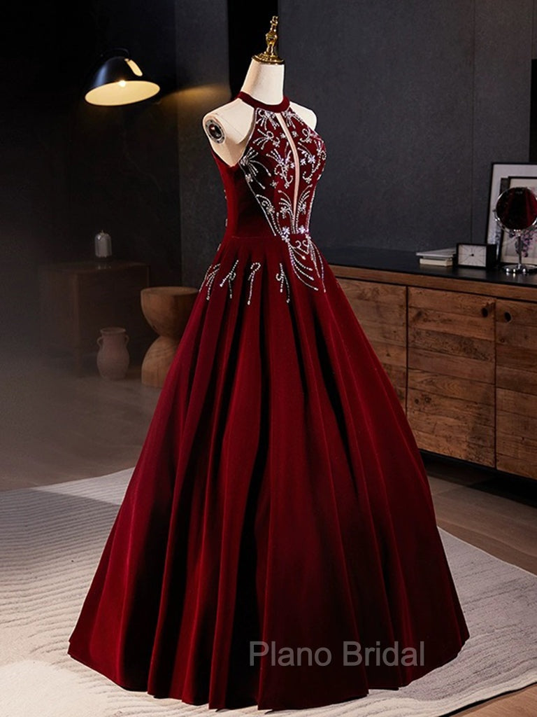 A-Line Velvet Sequin Burgundy Long Formal Prom Dresses Long Formal Dresses December Wedding Guest Dresses