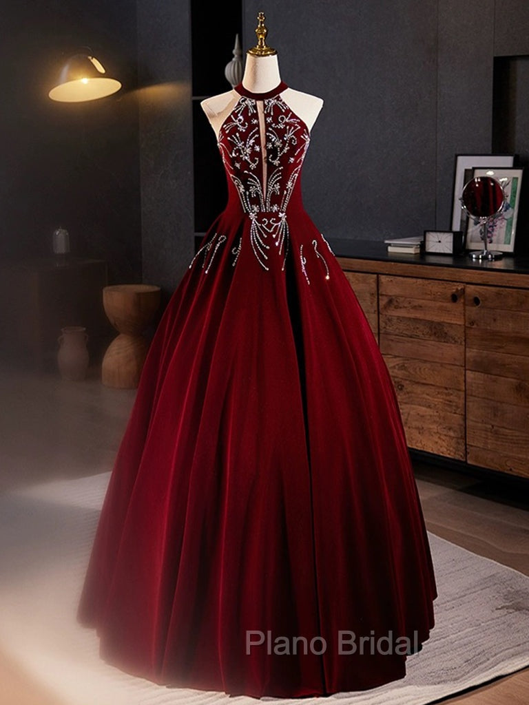 A-Line Velvet Sequin Burgundy Long Formal Prom Dresses Long Formal Dresses December Wedding Guest Dresses