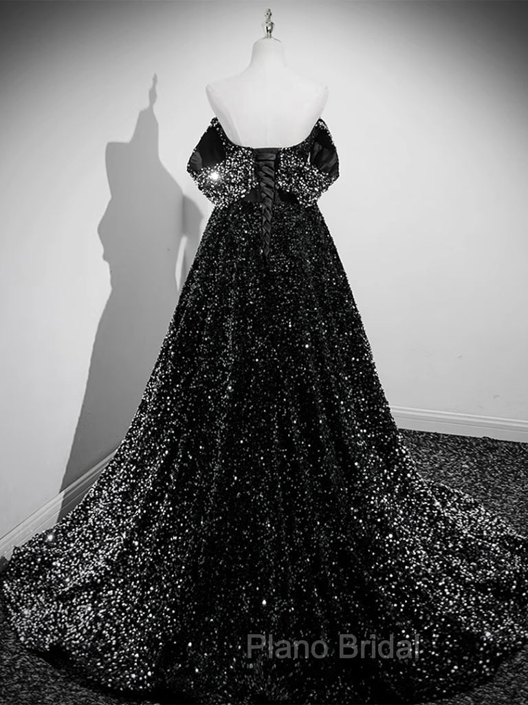 A-Line Velvet Sequin Long Black Formal Prom Dresses, Black Long Evening Dresses