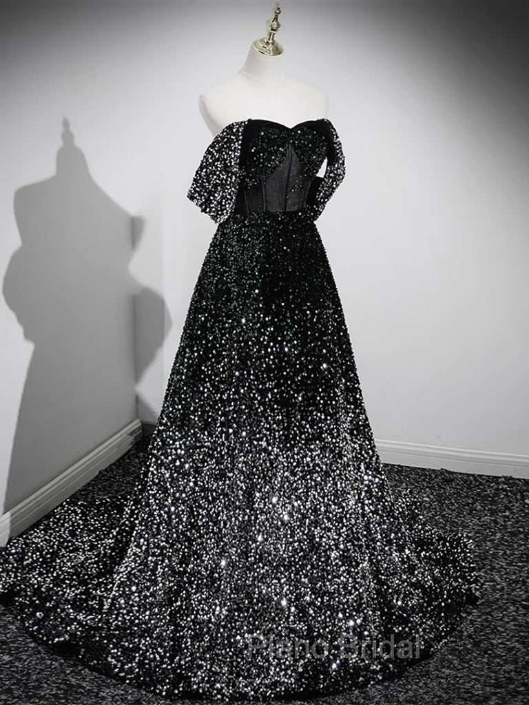 A-Line Velvet Sequin Long Black Formal Prom Dresses, Black Long Evening Dresses Secondary image