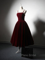 A-Line Velvet Tea Length Burgundy Formal Prom Dresses, Burgundy Cocktail Dresses