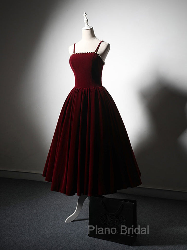 A-Line Velvet Tea Length Burgundy Formal Prom Dresses, Burgundy Cocktail Dresses
