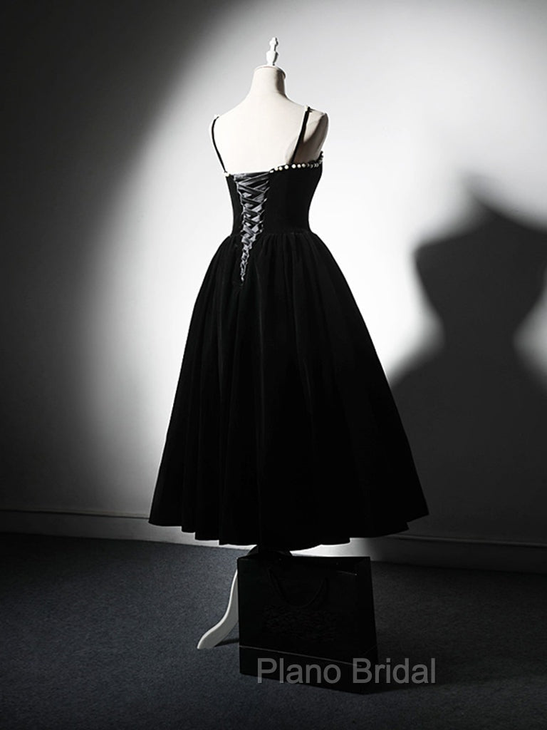 A-Line Velvet Tea Length Burgundy Formal Prom Dresses, Burgundy Cocktail Dresses