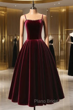 A-Line Velvet Tea Length Burgundy Formal Prom Dresses, Burgundy Cocktail Dresses