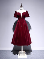 A line Velvet Tea Length Formal Prom Dresses, Burgundy Velvet Bridesmaid Dresses