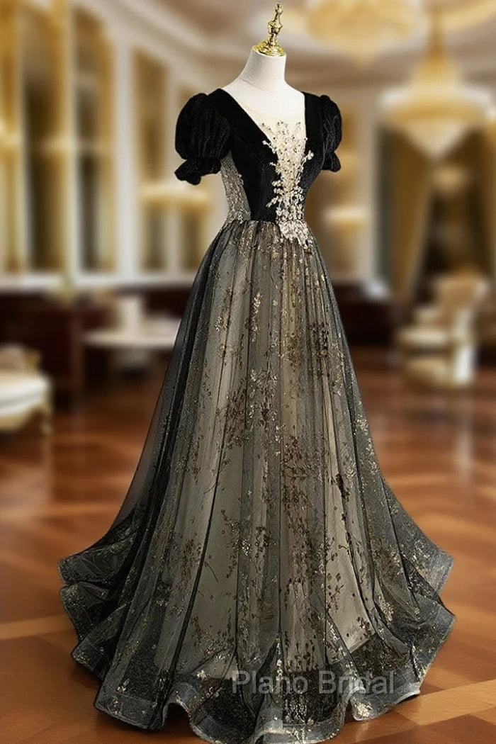 A line Velvet Tulle Lace Black Long Formal Prom Dresses, Black Formal Graduation Dresses Main image
