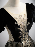 A line Velvet Tulle Lace Black Long Formal Prom Dresses, Black Formal Graduation Dresses