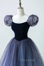 A-Line Velvet Tulle Long Formal Prom Dresses, Cute Short Sleeve Evening Party Dresses