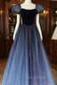 A-Line Velvet Tulle Long Formal Prom Dresses, Cute Short Sleeve Evening Party Dresses