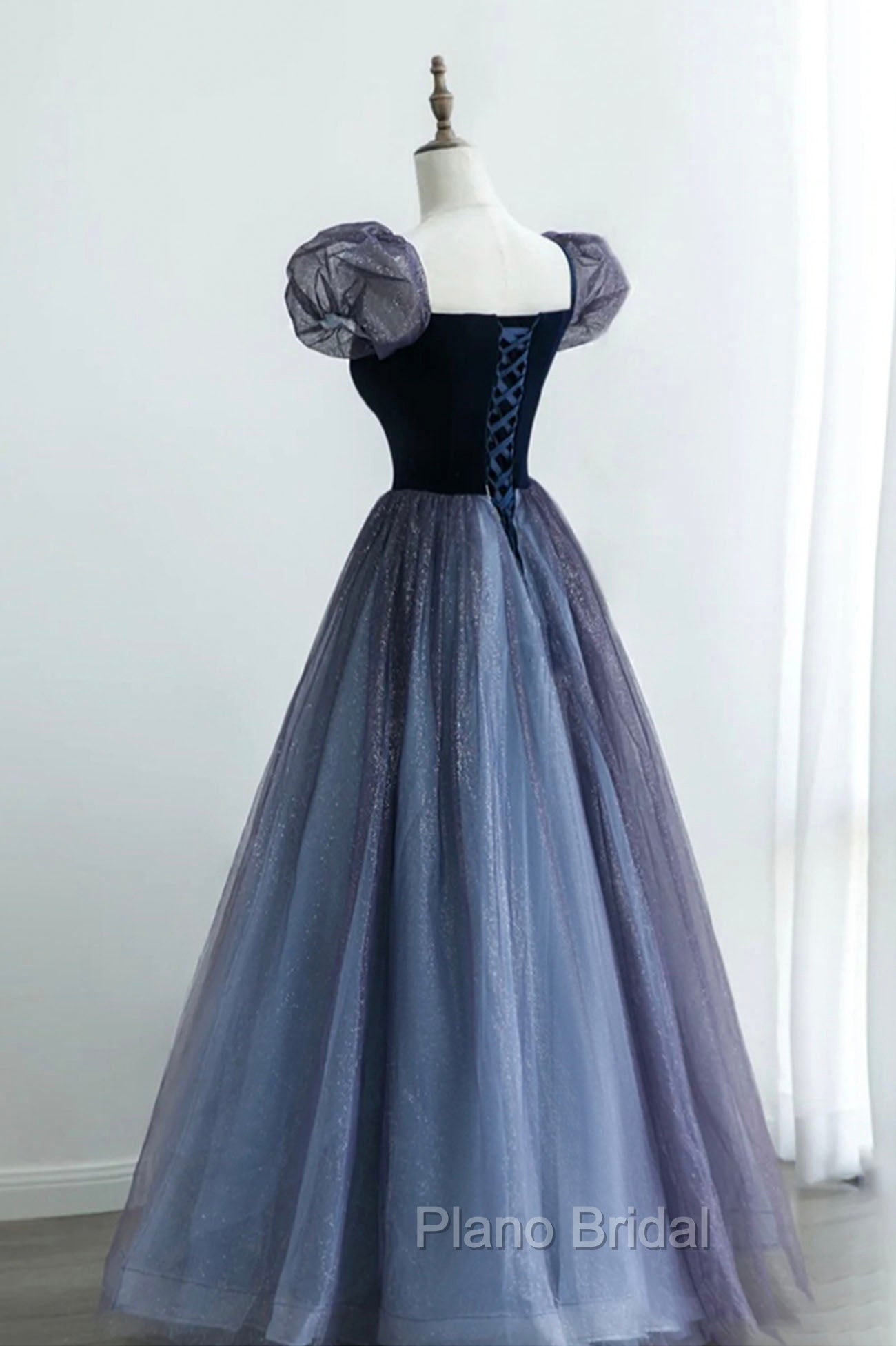 A-Line Velvet Tulle Long Formal Prom Dresses, Cute Short Sleeve Evening Party Dresses