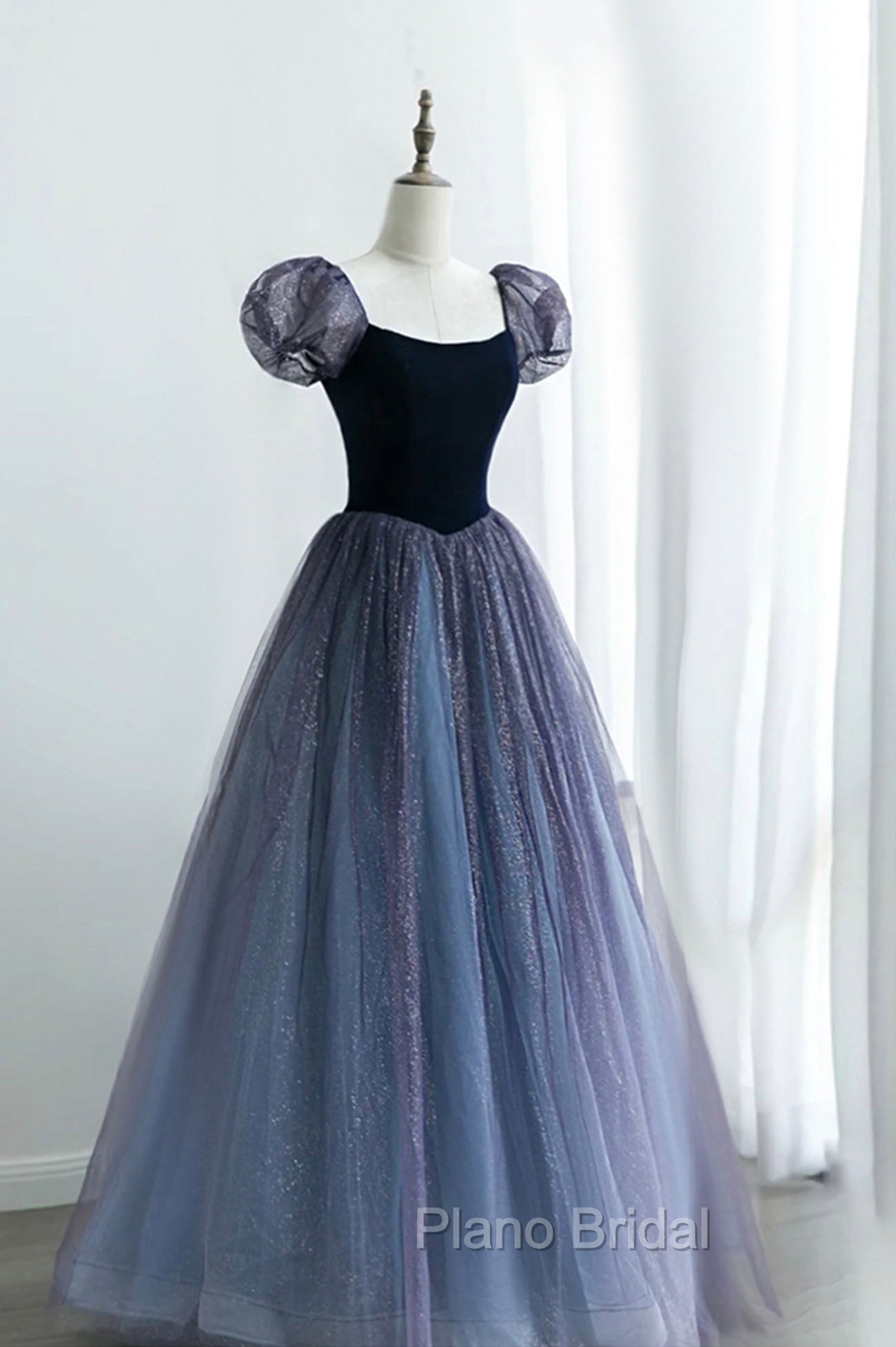 A-Line Velvet Tulle Long Formal Prom Dresses, Cute Short Sleeve Evening Party Dresses Main image