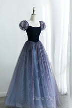 A-Line Velvet Tulle Long Formal Prom Dresses, Cute Short Sleeve Evening Party Dresses