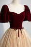 A-Line Velvet Tulle Long Formal Prom Dresses, Lovely Short Sleeve Graduation Dresses