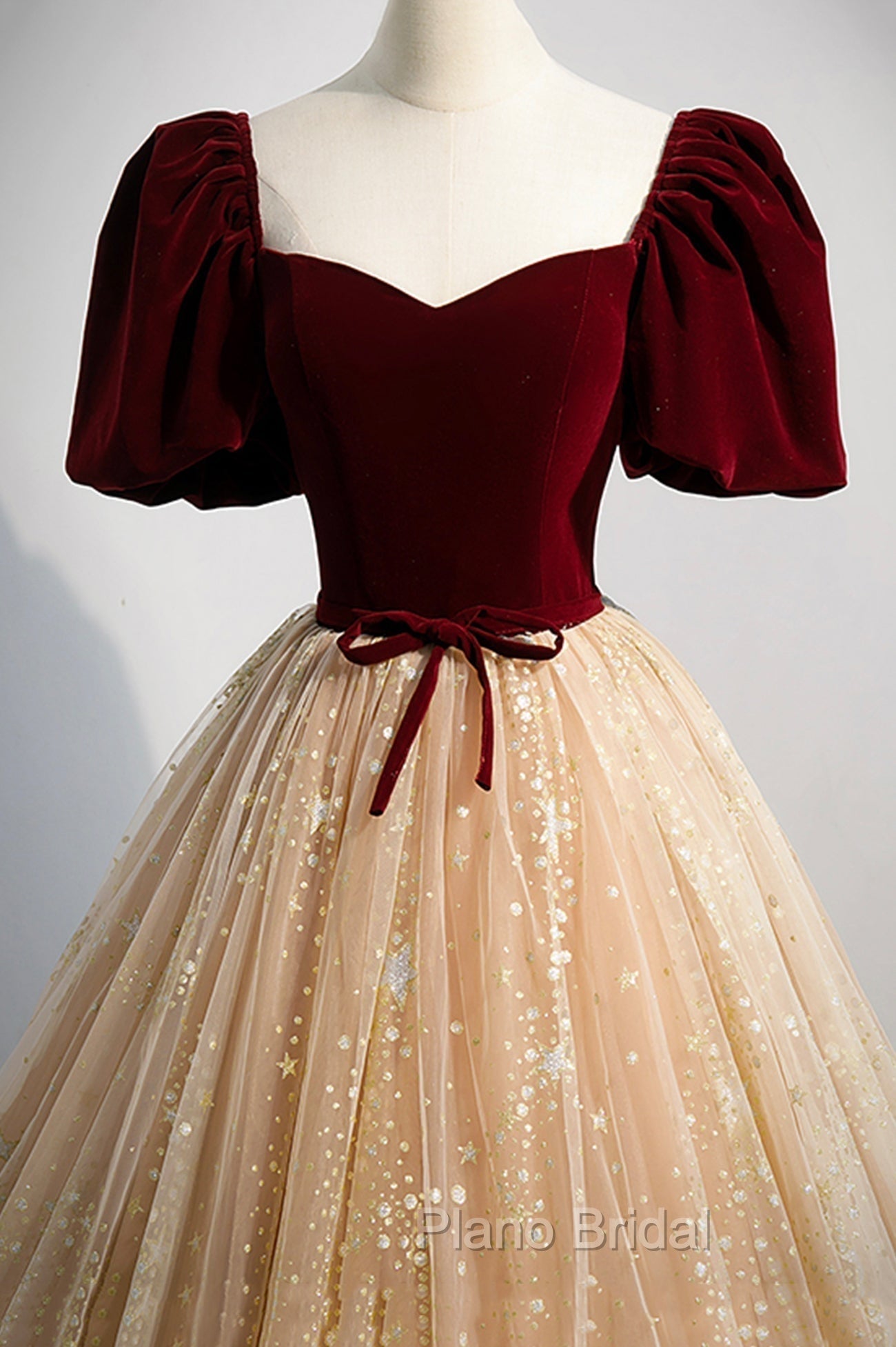 A-Line Velvet Tulle Long Formal Prom Dresses, Lovely Short Sleeve Graduation Dresses