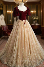 A-Line Velvet Tulle Long Formal Prom Dresses, Lovely Short Sleeve Graduation Dresses