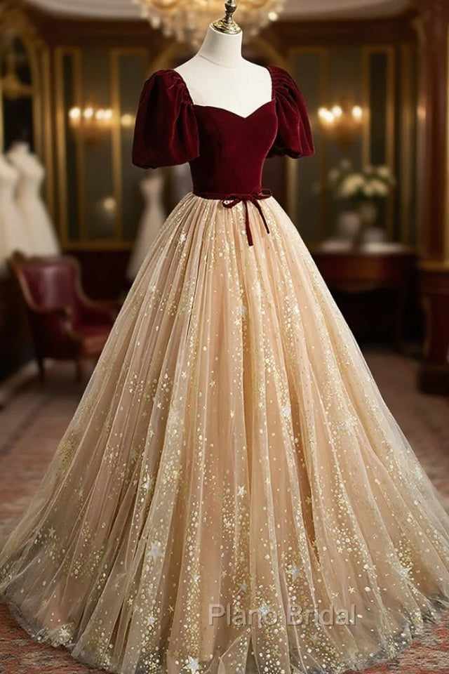 A-Line Velvet Tulle Long Formal Prom Dresses, Lovely Short Sleeve Graduation Dresses