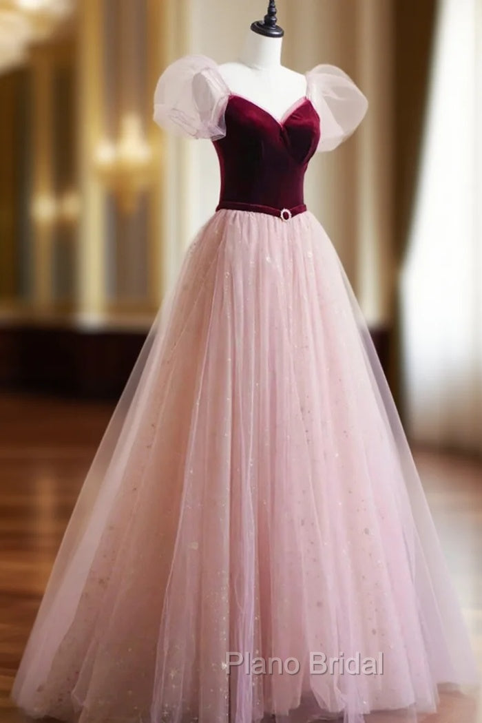 A-Line Velvet Tulle Long Formal Prom Dresses, Pink Short Sleeve Formal Evening Dresses Main image