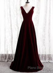 A-Line Velvet V-Neckline Sleeveless Long Party Dresses Formal Prom Dresses Bridesmaid Dresses