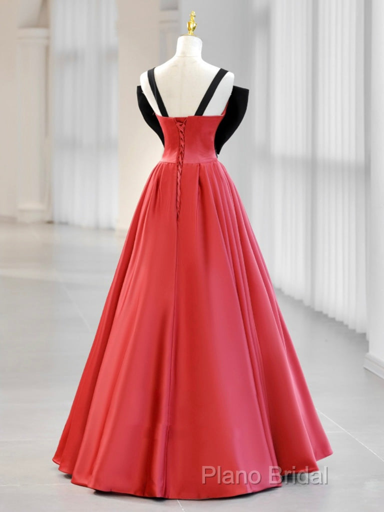 A-Line Watermelon Red Satin Long Formal Prom Dresses, Long Formal Dresses