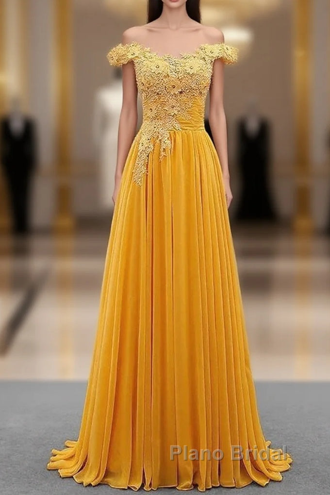 A-Line Wedding Guest Dresses Floral Dresses Formal Prom Sweep / Brush Train Sleeveless Off Shoulder Chiffon With Appliques Main image