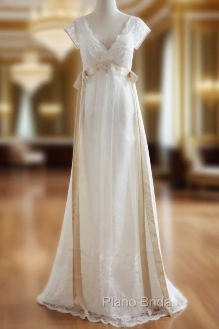 A-Line White Lace Deep V-neck Backless High Waist Wedding Dresses Main image