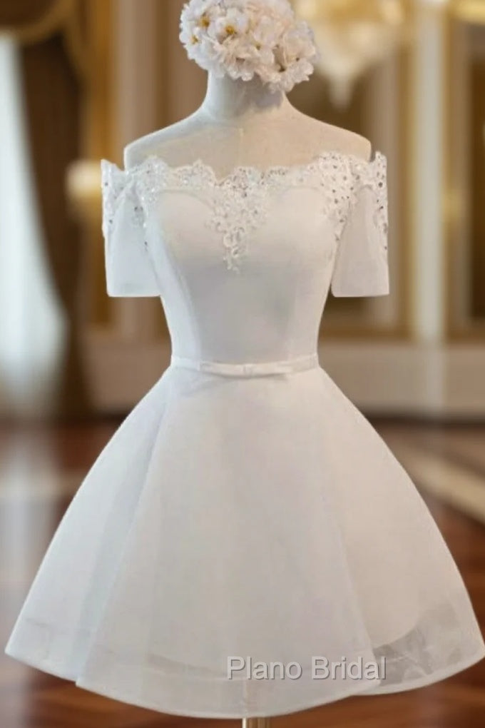 A-Line White Lace Short Sleeve Homecoming Dresses