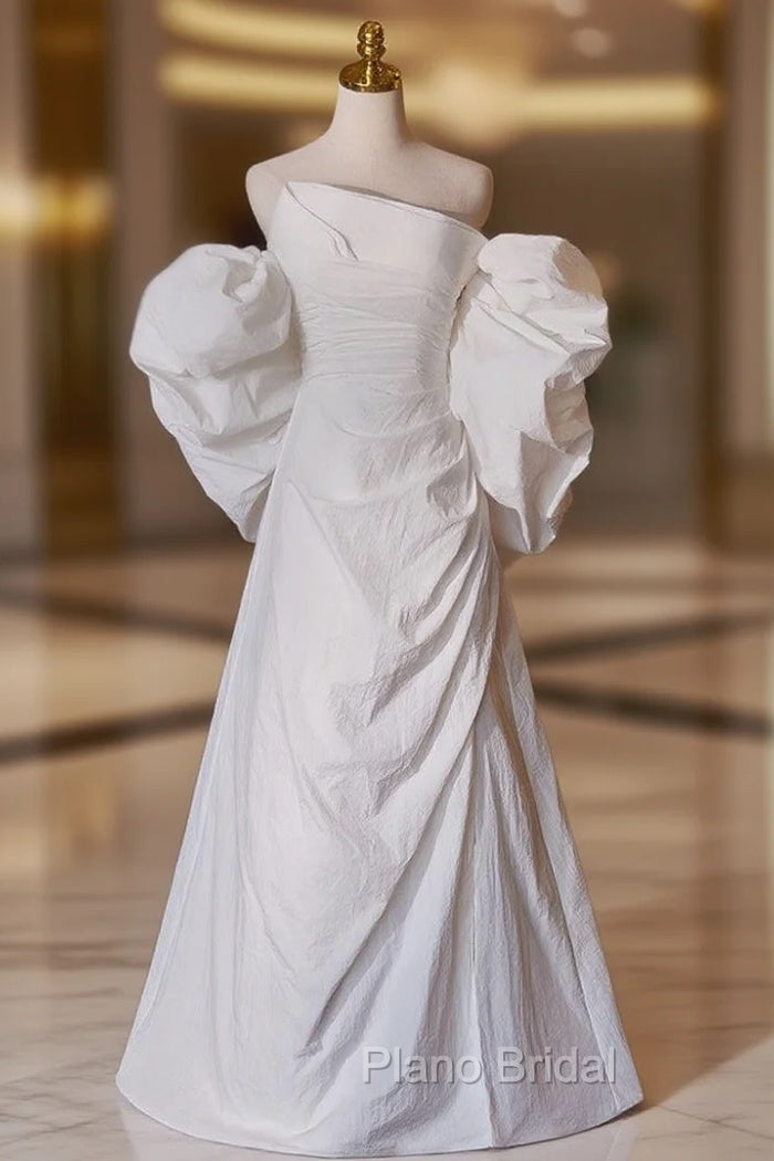 A-line White Pleats Long Wedding Dresses