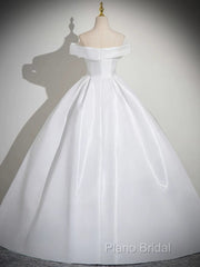 A-Line White Satin Long Formal Prom Dresses, White Long Formal Dresses