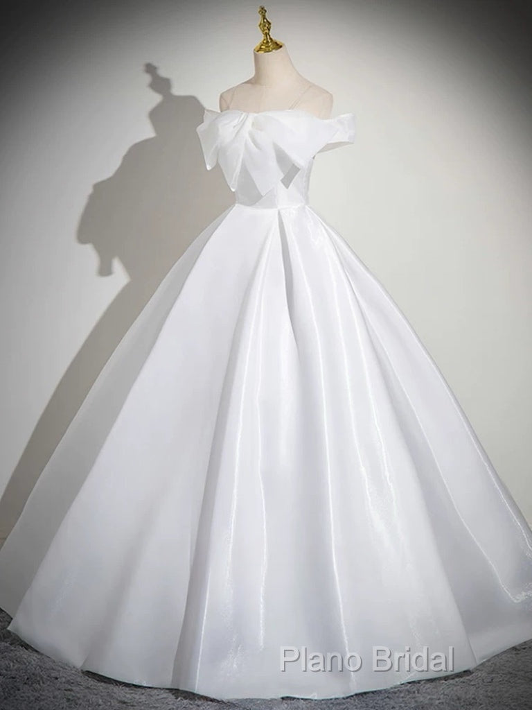 A-Line White Satin Long Formal Prom Dresses, White Long Formal Dresses