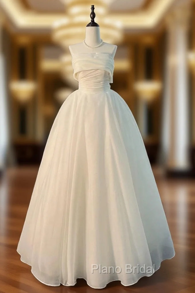 A-Line White Strapless Pleats Wedding Dresses