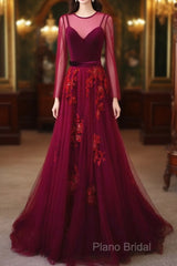 A-Line Wine Red Velvet And Tulle Long Party Dresses, Wine Red Formal Dresses Formal Prom Dresses