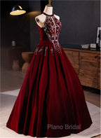A-Line Wine Red Velvet Beaded Party Dresses, Wine Red Long Formal Prom Dresses