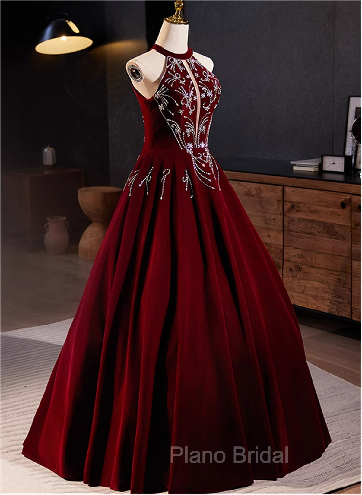 A-Line Wine Red Velvet Beaded Party Dresses, Wine Red Long Formal Prom Dresses