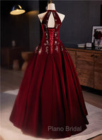 A-Line Wine Red Velvet Beaded Party Dresses, Wine Red Long Formal Prom Dresses