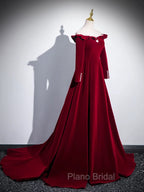 A-line Wine Red Velvet Long Sleeves Low Back Formal Prom Dresses, Wine Red Party Dresses