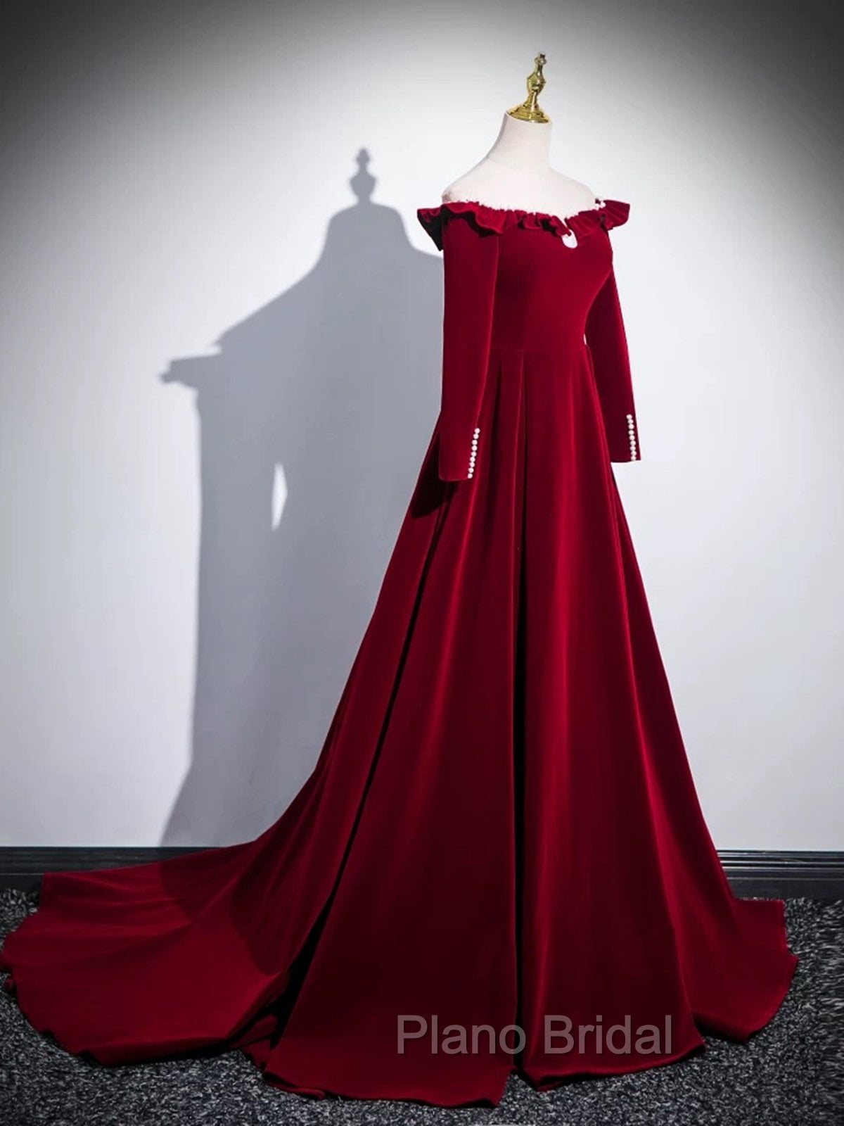 A-line Wine Red Velvet Long Sleeves Low Back Formal Prom Dresses, Wine Red Party Dresses