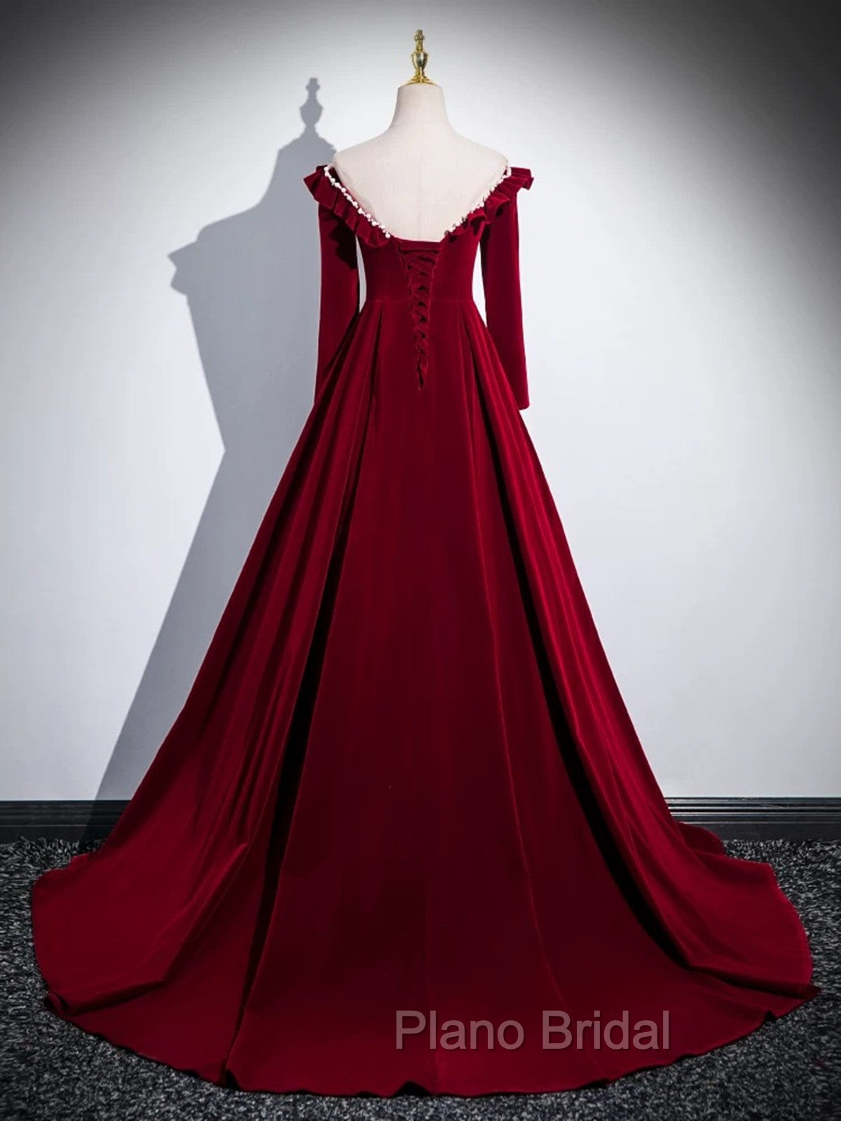 A-line Wine Red Velvet Long Sleeves Low Back Formal Prom Dresses, Wine Red Party Dresses