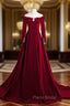 A-line Wine Red Velvet Long Sleeves Low Back Formal Prom Dresses, Wine Red Party Dresses