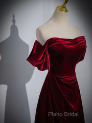 A-Line Wine Red Velvet Sweetheart Wedding Party Dresses, Wine Red Velvet Formal Prom Dresses