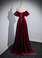 A-Line Wine Red Velvet Sweetheart Wedding Party Dresses, Wine Red Velvet Formal Prom Dresses