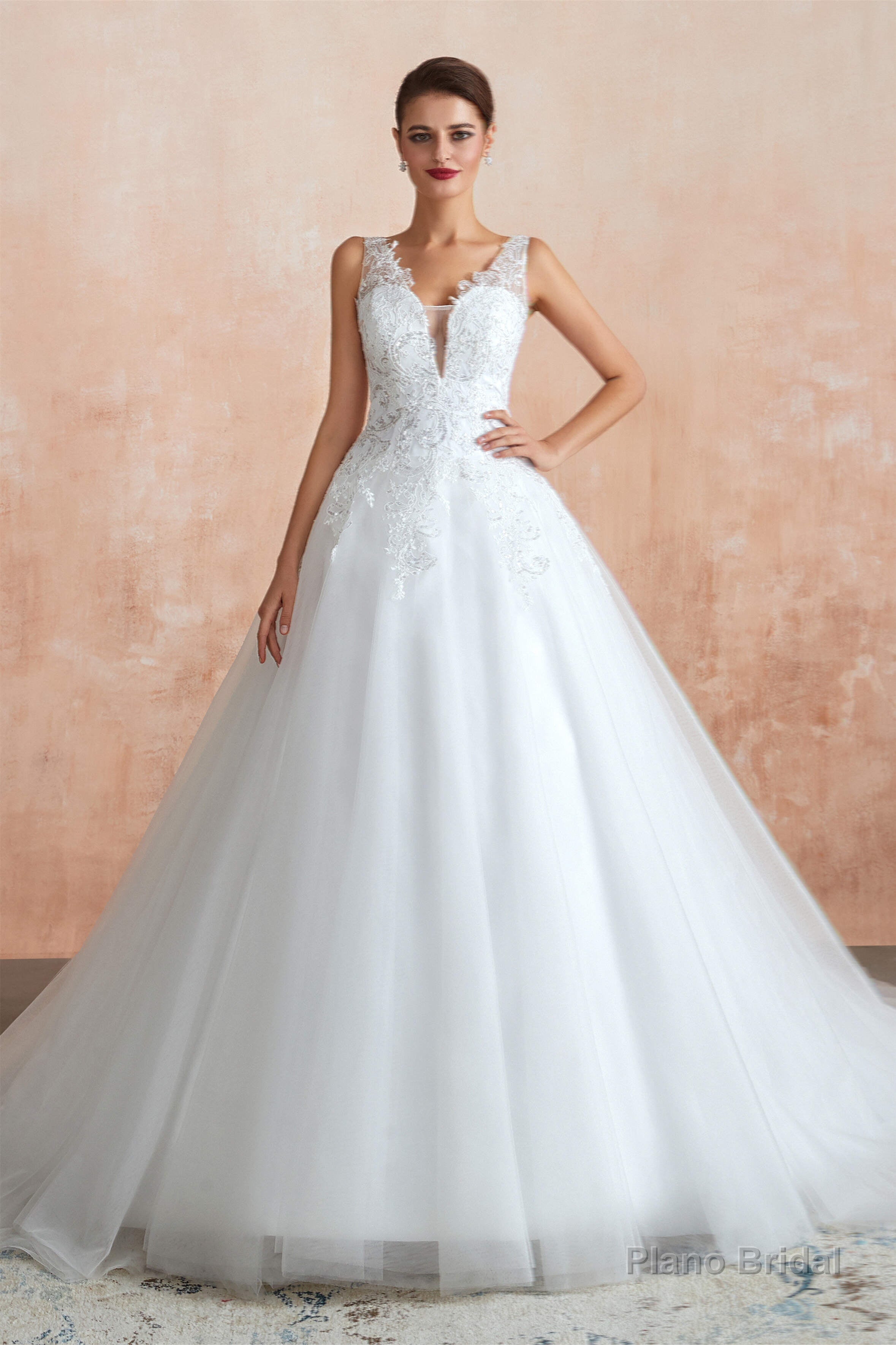 A-line with Sequined Appliques Tulle Illusion Back Wedding Dresses Secondary image