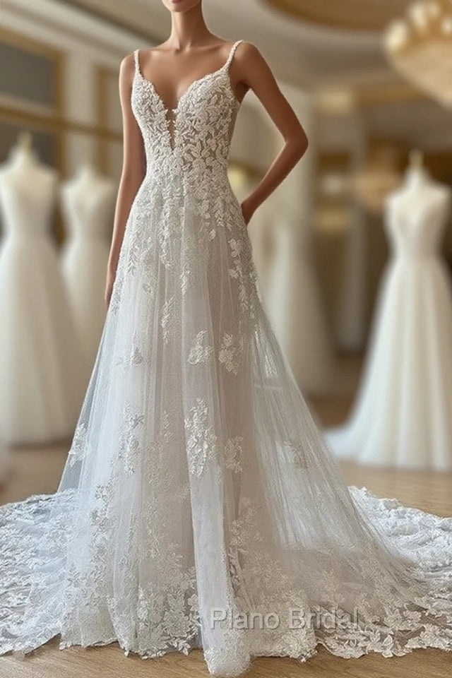 A-Lineprincess Lace Applique V-Neck Sleeveless And Floor Length Wedding Dresses Main image