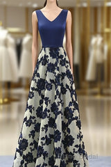 Stylish Dark Blue A Line V Neck Long Formal Prom Dresses, Dark Blue Evening Dresses